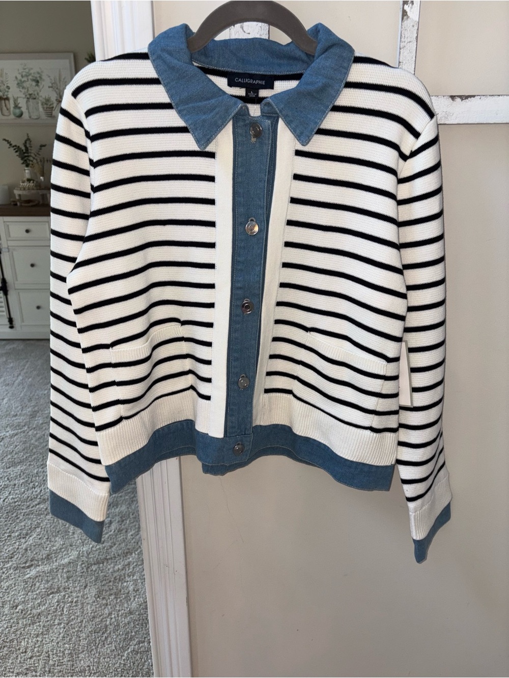 Calligraphie Striped Button-Front Cardigan with Denim Trim - White & Black